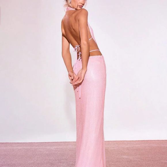 Baby Pink Sexy Women's Sequin Cut Out Front Maxi Dress - Picture 2 of 4